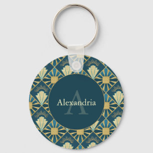 Custom Name & Monogram Art Deco Teal & Gold Key Ring