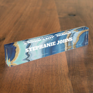 Custom Name  Monogram Blue Agate Turquoise Gold Nameplate