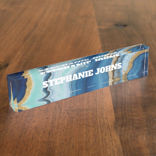 Custom Name  Monogram Blue Agate Turquoise Gold Nameplate (Side)