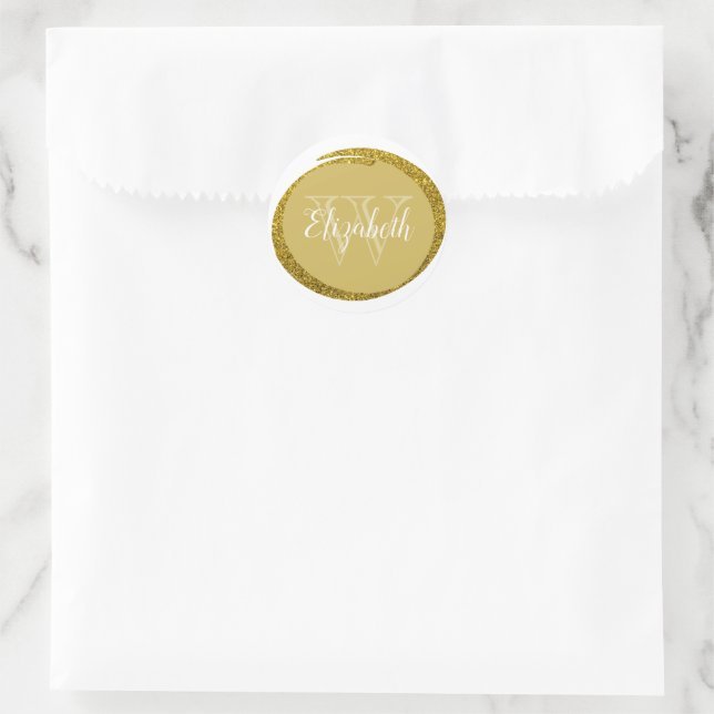 Custom Name Monogram Calligraphy Gold Glitter Ring Classic Round Sticker (Bag)