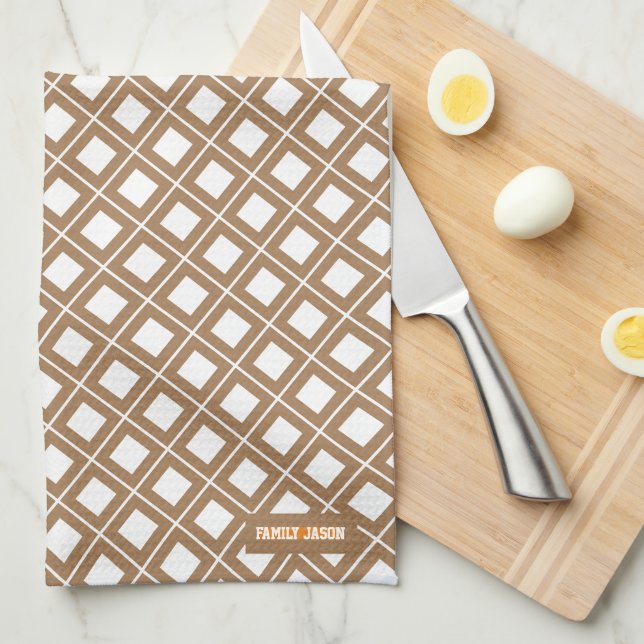Custom name monogram chequered brown white squares tea towel (Quarter Fold)