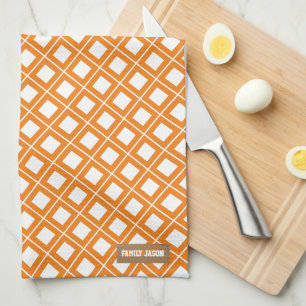 Custom name monogram chequered white orange tea towel