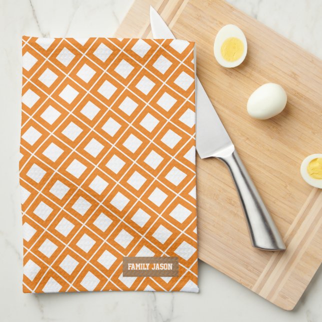 Custom name monogram chequered white orange tea towel (Quarter Fold)