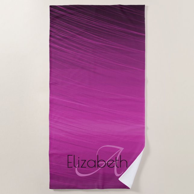 Custom Name Monogram Chic Purple Black Streaks Beach Towel (Front)