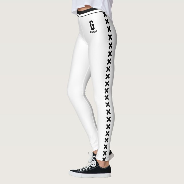 Custom Name Monogram Classic White Black Pattern Leggings (Left)