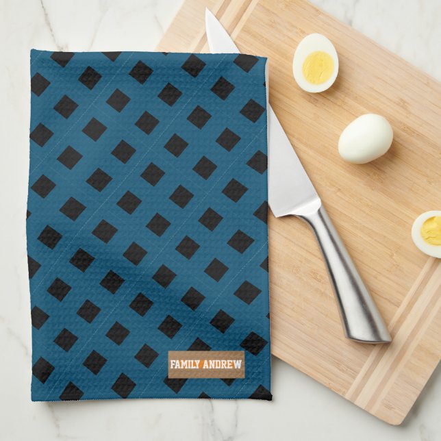 Custom name monogram diamonds navy blue black tea towel (Quarter Fold)