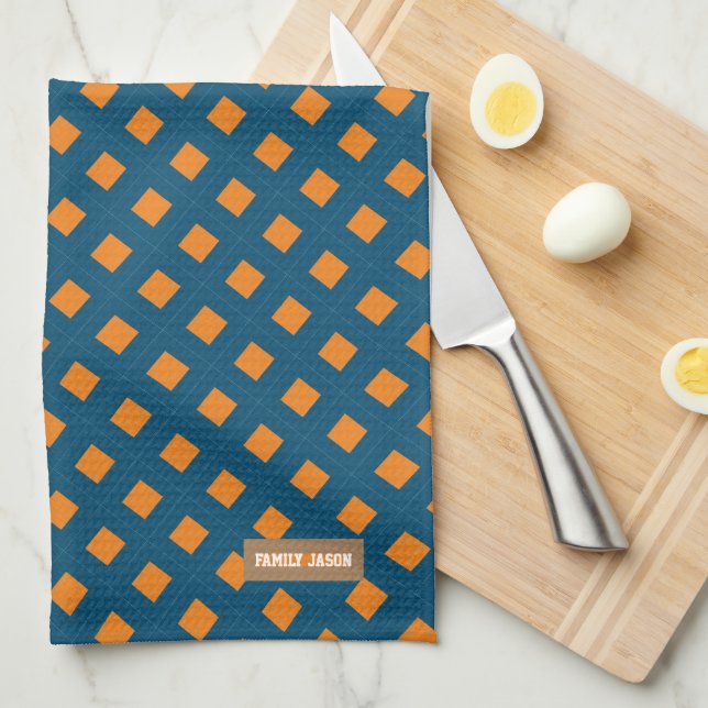 Custom name monogram diamonds navy blue orange tea towel (Quarter Fold)