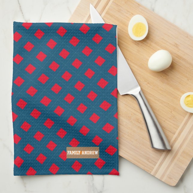 Custom name monogram diamonds navy blue red tea towel (Quarter Fold)