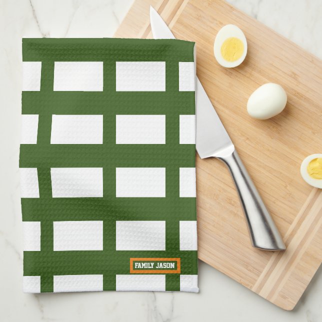 Custom name monogram diamonds stripes white green tea towel (Quarter Fold)