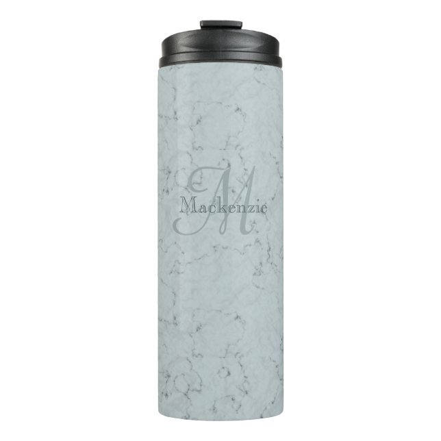 Custom Name Monogram Elegant Marble Dusty Blue Thermal Tumbler (Front)