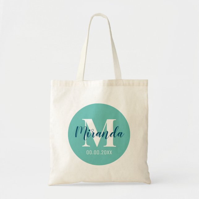 Custom name monogram elegant turquoise blue tote bag (Front)