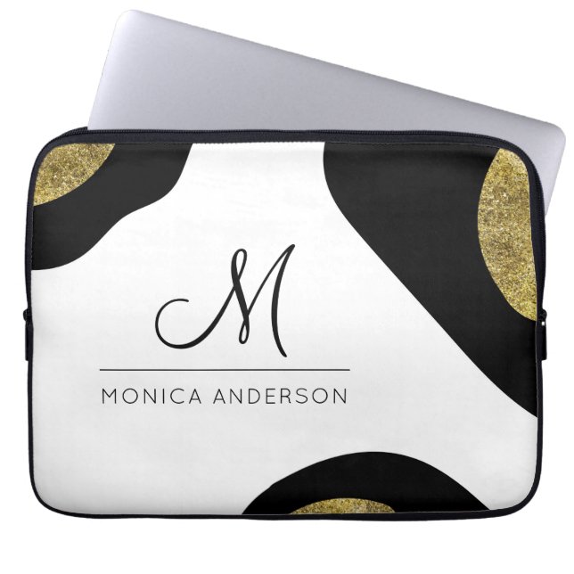 Custom Name & Monogram Gold Abstract Laptop Sleeve (Front)