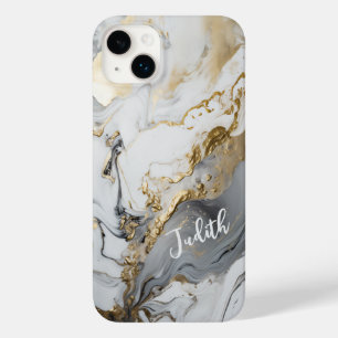 Custom Name/Monogram Grey-White and gold Marbling Case-Mate iPhone 14 Plus Case