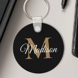 Custom Name Monogram Handwriting Script Black Key Ring<br><div class="desc">Create your own personalised black round keychain with your custom elegant handwritten script name and monogram.</div>