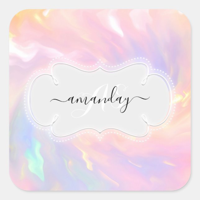 Custom Name Monogram Holographic Unicorn Princess Square Sticker (Front)