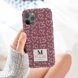 Custom Name Monogram Initial Doodle Hearts  iPhone 13 Pro Max Case