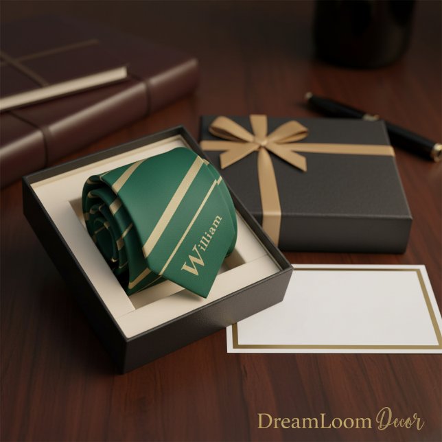 Custom Name Monogram Initial Green and Gold Stripe Tie (Creator Uploaded)