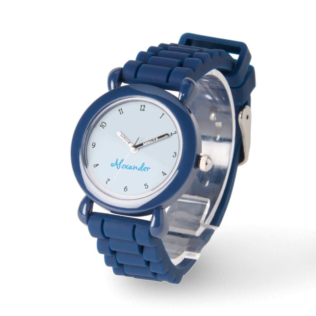 Custom Name Monogram Kids Boys Modern Cool Blue Watch (Angle)