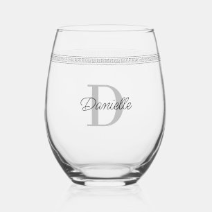 Custom Name Monogram Modern Elegant Greek Meander Stemless Wine Glass