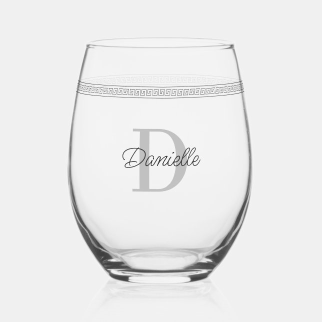 Custom Name Monogram Modern Elegant Greek Meander Stemless Wine Glass (Front)