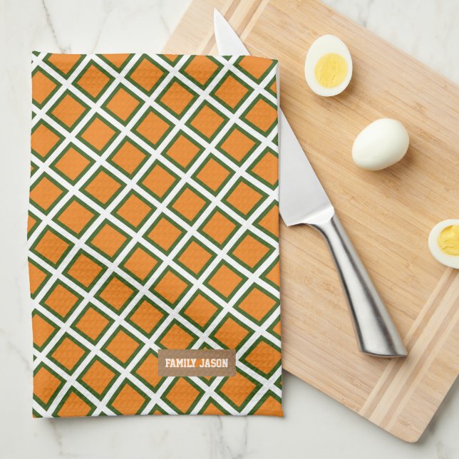 Custom name monogram modern orange green white tea towel (Quarter Fold)