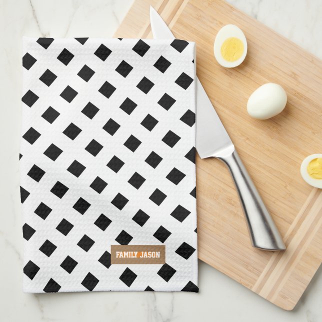 Custom name monogram modern pattern black white tea towel (Quarter Fold)