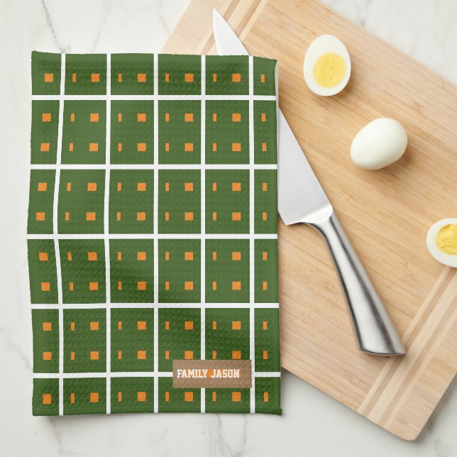 Custom name monogram modern pattern green orange   tea towel (Quarter Fold)