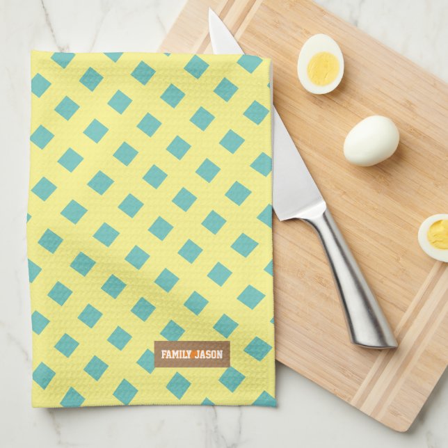Custom name monogram modern pattern yellow blue tea towel (Quarter Fold)