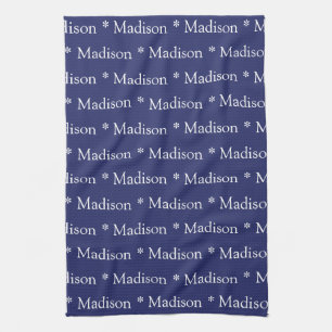 Custom name monogram navy blue white pattern tea towel