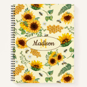 Custom Name Monogram Notebook Sunflowers Honey Bee