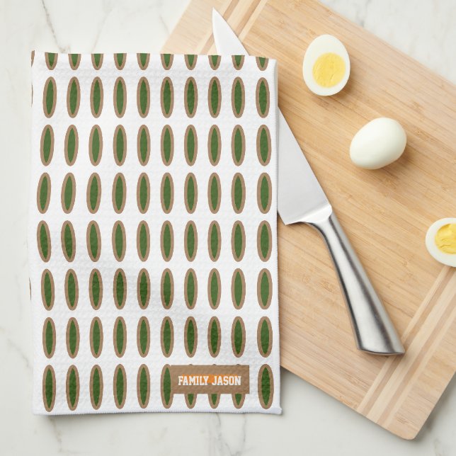 Custom name monogram oval pattern white green chic tea towel (Quarter Fold)