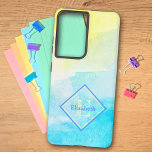 Custom Name Monogram Pastel Cotton Candy Colours Samsung Galaxy Case<br><div class="desc">This design features yellow and blue cotton candy colour pastel watercolor with a blue and yellow diamond framed name and initial letter monogram. Fill in the personalise text fields with a name and initial, remove on or the other or edit using the design too to select a font style, size...</div>