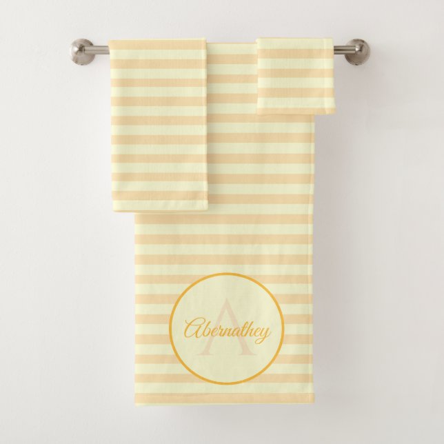 Custom Name Monogram Pastel Yellow Orange Striped Bath Towel Set (Insitu)