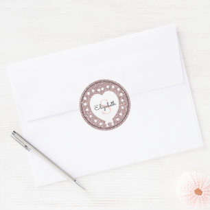 Custom Name Monogram Pink Glitter White Heart Classic Round Sticker