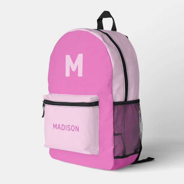 Custom Name & Monogram Pink Printed Backpack (Back Corner Right)