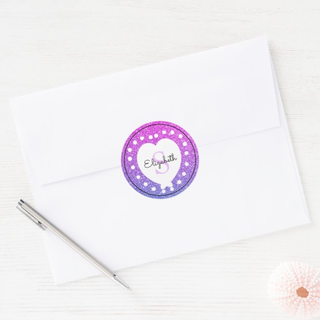 Custom Name Monogram Pink Purple Glitter Heart  Classic Round Sticker (Envelope)