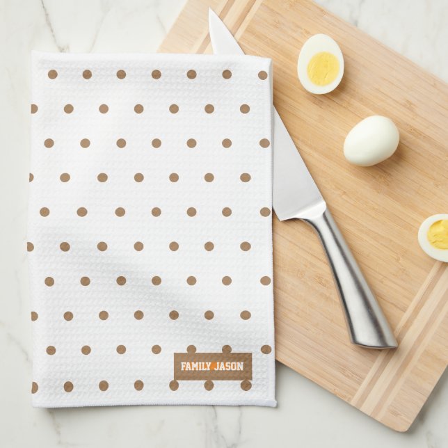 Custom name monogram polka dots white brown summer tea towel (Quarter Fold)