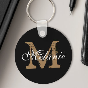 Custom Name Monogram Pretty Classy Script Black Key Ring