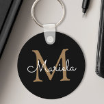 Custom Name Monogram Pretty Handwritten Black Key Ring<br><div class="desc">Create your own personalised black round key chain with your custom handwritten script name and monogram.</div>