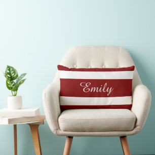 Custom Name Monogram Red And White Stripes Pattern Lumbar Cushion