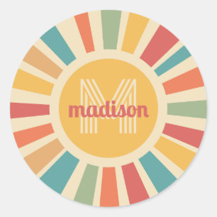Custom Name & Monogram Retro Stripes Classic Round Sticker