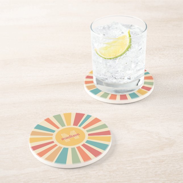 Custom Name & Monogram Retro Stripes Coaster (Side)