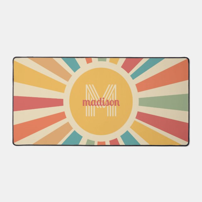 Custom Name & Monogram Retro Stripes Desk Mat (Front)