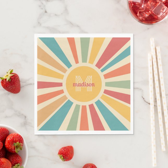 Custom Name & Monogram Retro Stripes Napkin (Insitu)