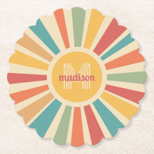 Custom Name & Monogram Retro Stripes Paper Coaster