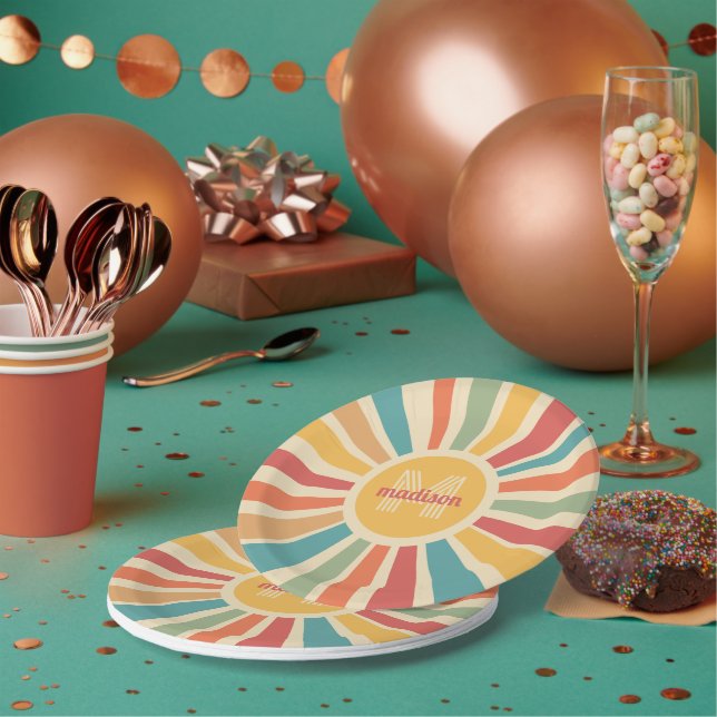 Custom Name & Monogram Retro Stripes Paper Plate (Multi)