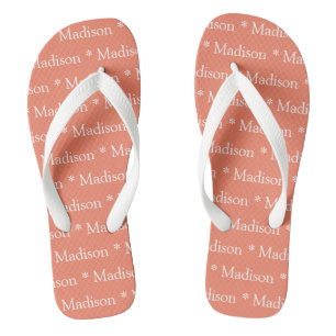 Custom name monogram salmon white pattern thongs