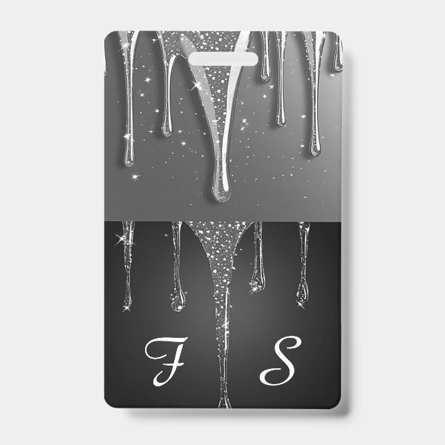 Custom name Monogram Silver Glitter Drips  ID Badge (Front)