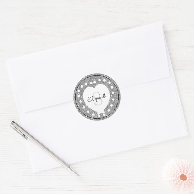 Custom Name Monogram Silver Glitter White Heart Classic Round Sticker (Envelope)