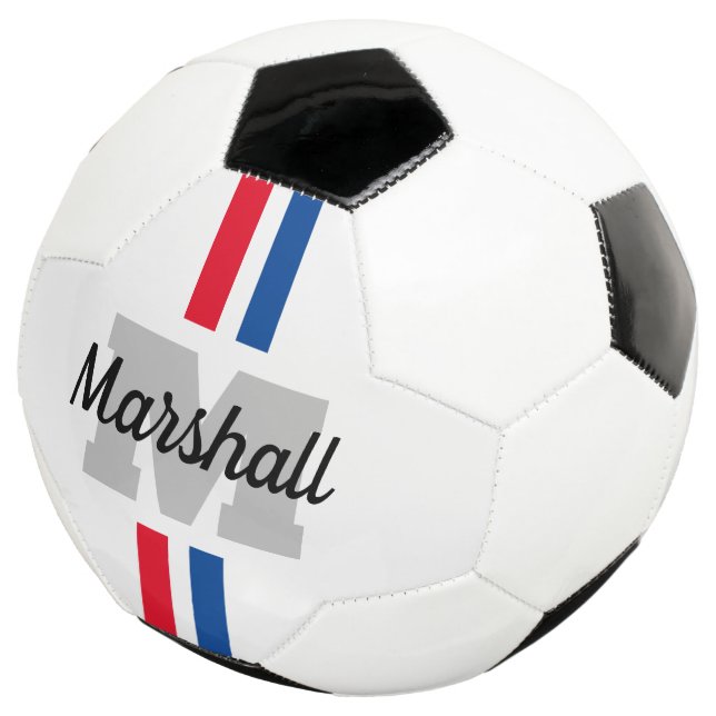 Custom name monogram striped soccer ball gift (Three Quarter)